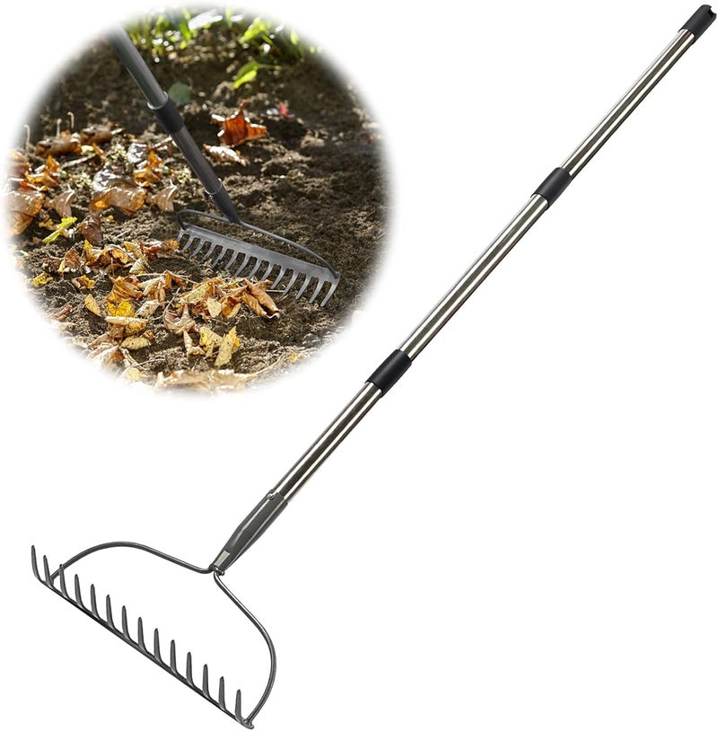 Feblomst Rake for Leaves, Garden Bow Rake for Lawns Heavy Duty, 5 ft Back-Saving Long Handle, 14 Metal Tines, Yard Gardening Tools for Loosen Soil, Clear Gravel Grass Rock, Level Mulch - Image 1